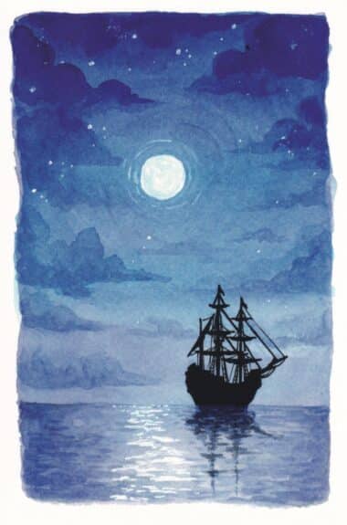 Sea & Ship Skyline Silhouette Watercolor Postcard by Lucy Bellwood
