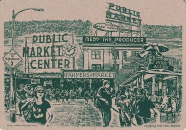 Pike Place Market Urban Scene of Seattle Postcard by Beth Kerschen