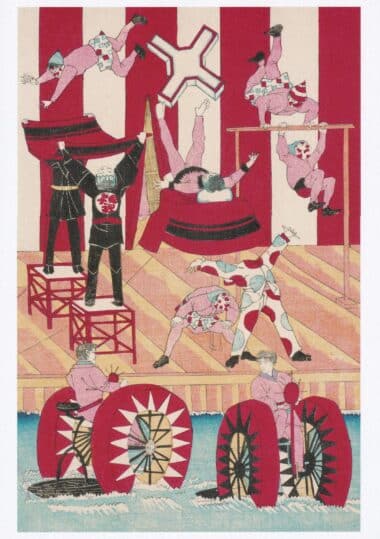 Water Bicycles Performing at Asakusa Park Woodcut Postcard Print