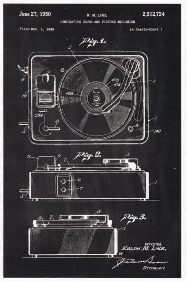 Vintage Record Player Blackboard Patent Postcard by Lantern Press